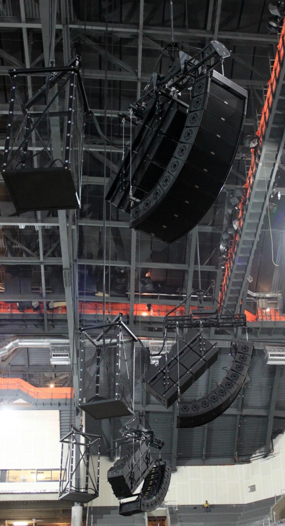 Three EAW line arrays suspended by Polar Focus Motor Zbeams® at Barclays Center.