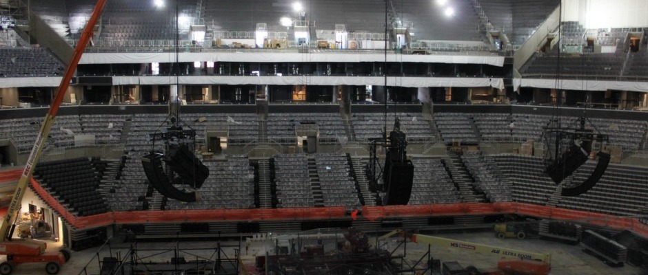 Three EAW line arrays with Motor Zbeam rigging at the Barclays Center.